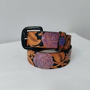 Handcrafted Leather Belt With Purple Rose Design & Leather Buckle, Size S